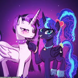 Size: 750x750 | Tagged: safe, artist:lumineko, princess celestia, princess luna, alicorn, pony, between dark and dawn, 80s princess luna, alternate hairstyle, bracelet, collar, duo, ear piercing, female, frown, jewelry, looking at you, mare, necklace, piercing, punklestia, raised leg, royal sisters, smiling