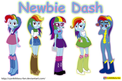 Size: 3750x2486 | Tagged: safe, artist:conikiblasu-fan, rainbow dash, equestria girls, newbie dash, behaving like pinkie pie, book, boots, care mare, clothes, clothes swap, cowboy boots, denim skirt, dynamic dash, equestria girls interpretation, forthright filly, glasses, goggles, impersonating, manebow sparkle, open mouth, pleated skirt, rainbow fash, reading rainboom, scene interpretation, shoes, skirt, smiling, socks, tanktop, wonderbolts uniform