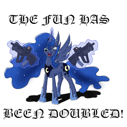 Size: 2000x2000 | Tagged: safe, artist:cyb3rwaste, princess luna, alicorn, pony, dual wield, eye twitch, gun, insanity, iwi tavor, looking at you, lunatic, magic, mismatched eyes, open mouth, rifle, smiling, tar-21, telekinesis, the fun has been doubled, transparent background, vector, weapon, wide eyes