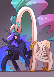 Size: 2480x3508 | Tagged: safe, artist:underpable, princess celestia, princess luna, alicorn, pony, are you frustrated?, be advised, blushing, chest fluff, eyes closed, female, gray background, high res, jewelry, long neck, mare, meme, necc, neck fluff, nose wrinkle, princess necklestia, raised hoof, regalia, royal sisters, scared, shocked, shrunken pupils, simple background, smuglestia, spread wings, sweat, wat, wavy mouth, what has science done, wide eyes, wing fluff, wings