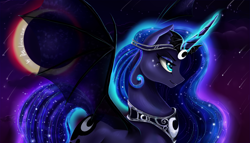 Size: 2450x1400 | Tagged: safe, artist:das_leben, princess luna, alicorn, bat pony, bat pony alicorn, pony, bat ponified, crown, eclipse, female, lunabat, mare, modified accessory, moon, night, race swap, solar eclipse, solo, spread wings