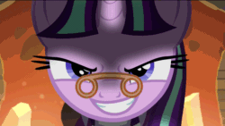 Size: 1280x720 | Tagged: safe, screencap, snowfall frost, starlight glimmer, pony, unicorn, a hearth's warming tail, animated, evil grin, loop, pure unfiltered evil, smirk, solo