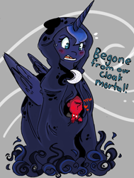 Size: 565x746 | Tagged: safe, artist:anonymous, princess luna, oc, oc:anon, human, a hearth's warming tail, /pone/, 8chan, blushing, cloak, clothes, heart, hood, open mouth, red anon, spirit of hearth's warming yet to come, tsundere, tsunderuna, wide eyes