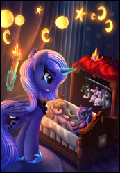 Size: 2100x3028 | Tagged: safe, artist:atlas-66, princess luna, alicorn, pony, fanfic:the empty room, crib, fanfic art, female, plushie, s1 luna, solo, torch