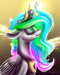 Size: 2000x2500 | Tagged: safe, artist:wingsterwin, princess celestia, alicorn, pony, bust, eyes closed, floppy ears, horn jewelry, jewelry, portrait, solo