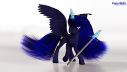 Size: 1920x1080 | Tagged: safe, artist:thelunagames, princess luna, alicorn, pony, 3d, glowing horn, magic, raised hoof, solo, spread wings, sword, telekinesis, wallpaper, warrior luna, weapon