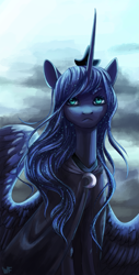 Size: 1017x1998 | Tagged: safe, artist:weird--fish, princess luna, alicorn, pony, cloak, clothes, solo, spread wings