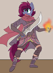 Size: 1524x2077 | Tagged: safe, artist:sythenmcswig, oc, oc only, oc:blazing heart, pony, angry, boots, clothes, coat, female, fire, gambeson, gloves, long gloves, scarf, shoes, short mane, solo, standing, sword, weapon