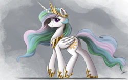 Size: 2000x1250 | Tagged: safe, artist:ncmares, princess celestia, alicorn, pony, beautiful, crown, cutie mark, ethereal mane, ethereal tail, female, flowing mane, flowing tail, folded wings, hoof shoes, jewelry, looking at you, mare, multicolored mane, multicolored tail, peytral, regalia, royalty, side view, solo, tiara, walking