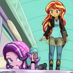 Size: 750x750 | Tagged: safe, artist:lumineko, starlight glimmer, sunset shimmer, equestria girls, mirror magic, spoiler:eqg specials, 5 second rule, beanie, blushing, cute, duo, female, food, geode of empathy, glimmerbetes, hat, ice cream, jewelry, looking back, magical geodes, necklace, on floor, sweet dreams fuel, that human sure does love ice cream