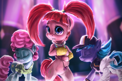 Size: 1920x1280 | Tagged: safe, artist:assasinmonkey, azure velour, flashdancer, pacific glow, earth pony, pony, the saddle row review, belly button, bipedal, clothes, club pony party palace, crew, cute, dance floor, dancing, eyes closed, female, group, hat, mare, pacifier, raised hoof, rave, scene interpretation, twintails, wide hips