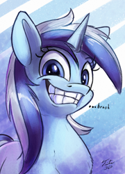 Size: 648x900 | Tagged: safe, artist:tsitra360, minuette, pony, unicorn, bust, female, grin, mare, portrait, solo, teeth