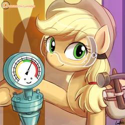 Size: 750x750 | Tagged: safe, artist:lumineko, applejack, earth pony, pony, applejack's "day" off, :), cute, female, goggles, hammer, jackabetes, looking at you, mare, pareidolia, patreon, patreon logo, photoshop, safety goggles, smiling, solo, steam gauge, toolbelt, tools