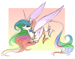 Size: 1000x790 | Tagged: safe, artist:probablyfakeblonde, princess celestia, alicorn, classical unicorn, pony, big ears, cloven hooves, colored, flowing mane, flying, leonine tail, lidded eyes, long feather, long horn, smiling, solo, unshorn fetlocks