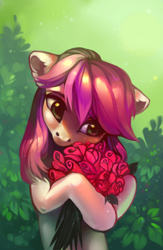 Size: 758x1164 | Tagged: safe, artist:share dast, roseluck, earth pony, pony, bipedal, bouquet, bust, cute, ear fluff, female, floppy ears, flower, hoof hold, hug, mare, portrait, rose, solo, weapons-grade cute