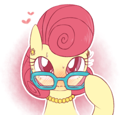 Size: 608x572 | Tagged: safe, artist:raridashdoodles, posey shy, pegasus, pony, flutter brutter, blushing, cute, female, glasses, gradient background, heart, looking at you, mare, meganekko, necklace, nervous, pearl necklace, shy, solo, sweat, that was fast, wavy mouth