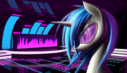 Size: 1944x1111 | Tagged: safe, artist:zigword, dj pon-3, vinyl scratch, pony, unicorn, abstract background, bust, female, horn, mare, portrait, solo, sunglasses