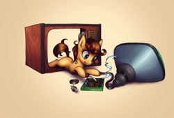 Size: 1078x728 | Tagged: safe, artist:asimos, oc, oc only, oc:maytee, earth pony, pony, crt monitor, fixing, lying down, pcb, prone, simple background, soldering, soldering iron, solo, sploot, television, tongue out