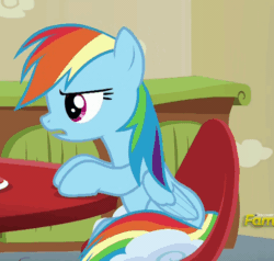Size: 562x535 | Tagged: safe, screencap, rainbow dash, pegasus, pony, flutter brutter, animated, chair, disgusted, floppy ears, gagging, table, tongue out