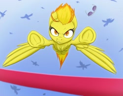 Size: 1280x1005 | Tagged: safe, artist:ikarooz, spitfire, pegasus, pony, atg 2020, coming at you, determined, female, finish line, flying, frog (hoof), mare, newbie artist training grounds, race, solo focus, spread wings, sunglasses, underhoof, wings