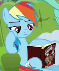 Size: 473x573 | Tagged: safe, screencap, ahuizotl, daring do, rainbow dash, pegasus, pony, flutter brutter, animated, daring do and the ring of destiny, loop, meta, reading