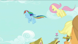 Size: 710x400 | Tagged: safe, screencap, applejack, fluttershy, rainbow dash, earth pony, pegasus, pony, flutter brutter, accident, animated, collision
