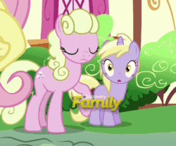 Size: 363x300 | Tagged: safe, screencap, dinky hooves, fluttershy, millie, pegasus, pony, flutter brutter, animated, butt touch, discovery family logo, hoof on butt, peeved, pushing, rump push