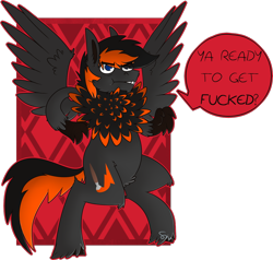 Size: 1180x1125 | Tagged: safe, artist:dr-idiot, oc, oc only, oc:crafted sky, hippogriff, edgy, male, neck feathers, solo, swearing, threatening, unshorn fetlocks, vulgar