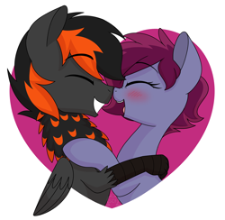 Size: 2878x2804 | Tagged: safe, artist:sweetcleanfun, oc, oc only, oc:blazing heart, oc:crafted sky, hippogriff, blafted, blushing, boop, cute, heart, hug, mutual booping, neck feathers, noseboop, oc x oc, shipping, simple background, smiling, transparent background, ych result