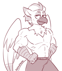 Size: 712x813 | Tagged: safe, artist:redxbacon, oc, oc only, oc:manfred pferdefeder, oc:red, anthro, hippogriff, beak, eared griffon, male, muscles, muscular male, smug, talons, topless