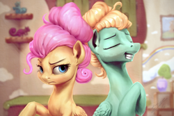 Size: 1920x1280 | Tagged: safe, artist:assasinmonkey, fluttershy, zephyr breeze, pegasus, pony, flutter brutter, alternate hairstyle, brother and sister, eyes closed, female, male, mare, raised hoof, scene interpretation, signature, stallion, that was fast