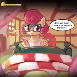 Size: 750x750 | Tagged: safe, alternate version, artist:lumineko, fluttershy, posey shy, pegasus, pony, flutter brutter, apron, clothes, dialogue, female, glasses, mare, offscreen character, patreon, patreon logo, pov, solo, speech bubble, whisk