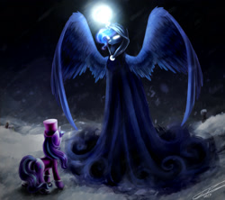 Size: 1800x1600 | Tagged: safe, artist:yummiestseven65, princess luna, snowfall frost, starlight glimmer, alicorn, pony, a hearth's warming tail, cloak, clothes, glowing eyes, magic, snow, snowfall, spirit of hearth's warming yet to come, spread wings