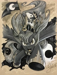 Size: 2760x3624 | Tagged: safe, artist:andypriceart, princess luna, tiberius, alicorn, pony, epic, female, horseshoes, mare, monochrome, open mouth, traditional art