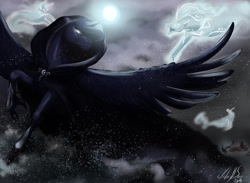 Size: 1600x1171 | Tagged: safe, artist:miidniightsuun, princess luna, alicorn, horse, pony, windigo, a hearth's warming tail, blizzard, cloak, clothes, epic, female, fight, flying, greaves, magic, mare, snow, snowfall, spirit of hearth's warming yet to come, spread wings, unshorn fetlocks, wings