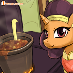 Size: 750x750 | Tagged: safe, artist:lumineko, saffron masala, pony, unicorn, spice up your life, female, food, looking at you, mare, patreon, patreon logo, smiling, solo, soup