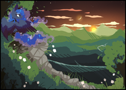 Size: 1777x1269 | Tagged: safe, artist:tenebristayga, princess luna, alicorn, butterfly, pony, fluffy, moon, mountain, pretty, river, scenery, solo, spread wings, sun, sunset, twilight (astronomy), valley