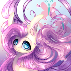 Size: 2000x2000 | Tagged: safe, artist:rinioshi, fluttershy, pegasus, pony, looking at you, petals, solo, windswept mane