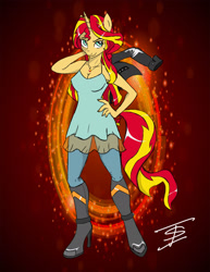 Size: 1275x1650 | Tagged: safe, artist:edoki, sunset shimmer, anthro, plantigrade anthro, equestria girls outfit, hand on hip, high heel boots, hoof boots, solo