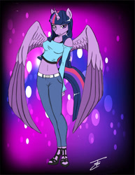 Size: 1275x1650 | Tagged: safe, artist:edoki, twilight sparkle, twilight sparkle (alicorn), alicorn, anthro, plantigrade anthro, belly button, breasts, clothes, female, high heels, jeans, midriff, off shoulder, pants, sandals, shirt, short shirt, solo, spread wings