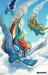 Size: 600x927 | Tagged: safe, artist:dragonbeak, rainbow dash, soarin', spitfire, pegasus, pony, newbie dash, clothes, wonderbolts, wonderbolts uniform