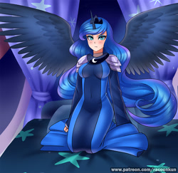 Size: 1000x971 | Tagged: safe, artist:racoonsan, princess luna, human, bed, bedroom, breasts, clothes, dress, female, horned humanization, humanized, kneeling, looking at you, solo, spread wings, tsundere, winged humanization, wings