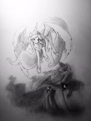 Size: 2448x3264 | Tagged: safe, artist:murphylaw4me, princess celestia, princess luna, alicorn, pony, grayscale, monochrome, traditional art