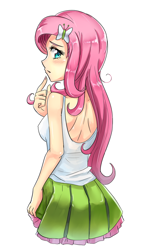 Size: 600x1019 | Tagged: safe, artist:tzc, fluttershy, equestria girls, anime, blushing, breasts, clothes, female, looking back, sideboob, skirt, skirt lift, solo, tanktop