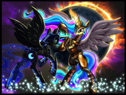 Size: 1500x1131 | Tagged: safe, artist:harwick, nightmare moon, princess celestia, alicorn, pony, armor, eclipse, fight, gritted teeth, magic, rearing, solar eclipse, spread wings