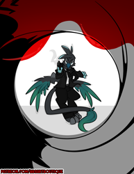 Size: 2550x3300 | Tagged: safe, artist:bbsartboutique, oc, oc only, oc:maximilian kohler, changeling, griffon, blood, changeling oc, disguise, disguised changeling, griffon oc, gun, james bond, male, solo, suit