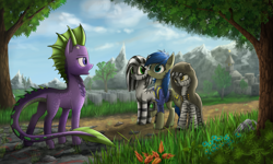 Size: 2560x1532 | Tagged: safe, artist:setharu, oc, oc only, oc:majina, oc:precious, oc:pythia, oc:scotch tape, dragon, earth pony, pony, zebra, fallout equestria, fallout equestria: homelands, fallout equestria: project horizons, eye contact, frown, glare, open mouth, wide eyes