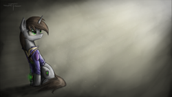 Size: 2304x1296 | Tagged: safe, artist:setharu, oc, oc only, oc:littlepip, pony, unicorn, fallout equestria, clothes, cutie mark, ear fluff, fanfic, fanfic art, female, frown, hooves, horn, looking up, mare, pipbuck, sad, signature, sitting, solo, vault suit