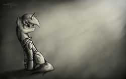 Size: 2058x1296 | Tagged: safe, artist:setharu, oc, oc only, oc:littlepip, pony, unicorn, fallout equestria, black and white, clothes, cutie mark, ear fluff, fanfic, fanfic art, female, frown, grayscale, hooves, horn, looking up, mare, monochrome, pipbuck, sad, signature, sitting, sketch, solo, vault suit