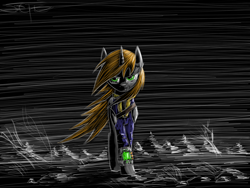 Size: 1280x960 | Tagged: safe, artist:setharu, oc, oc only, oc:littlepip, pony, unicorn, fallout equestria, angry, clothes, dark, fanfic, fanfic art, female, hooves, horn, looking at you, mare, outdoors, pipbuck, signature, solo, speedpaint, standing, vault suit, walking, wind, windswept mane